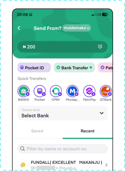 Pocket App send money flow